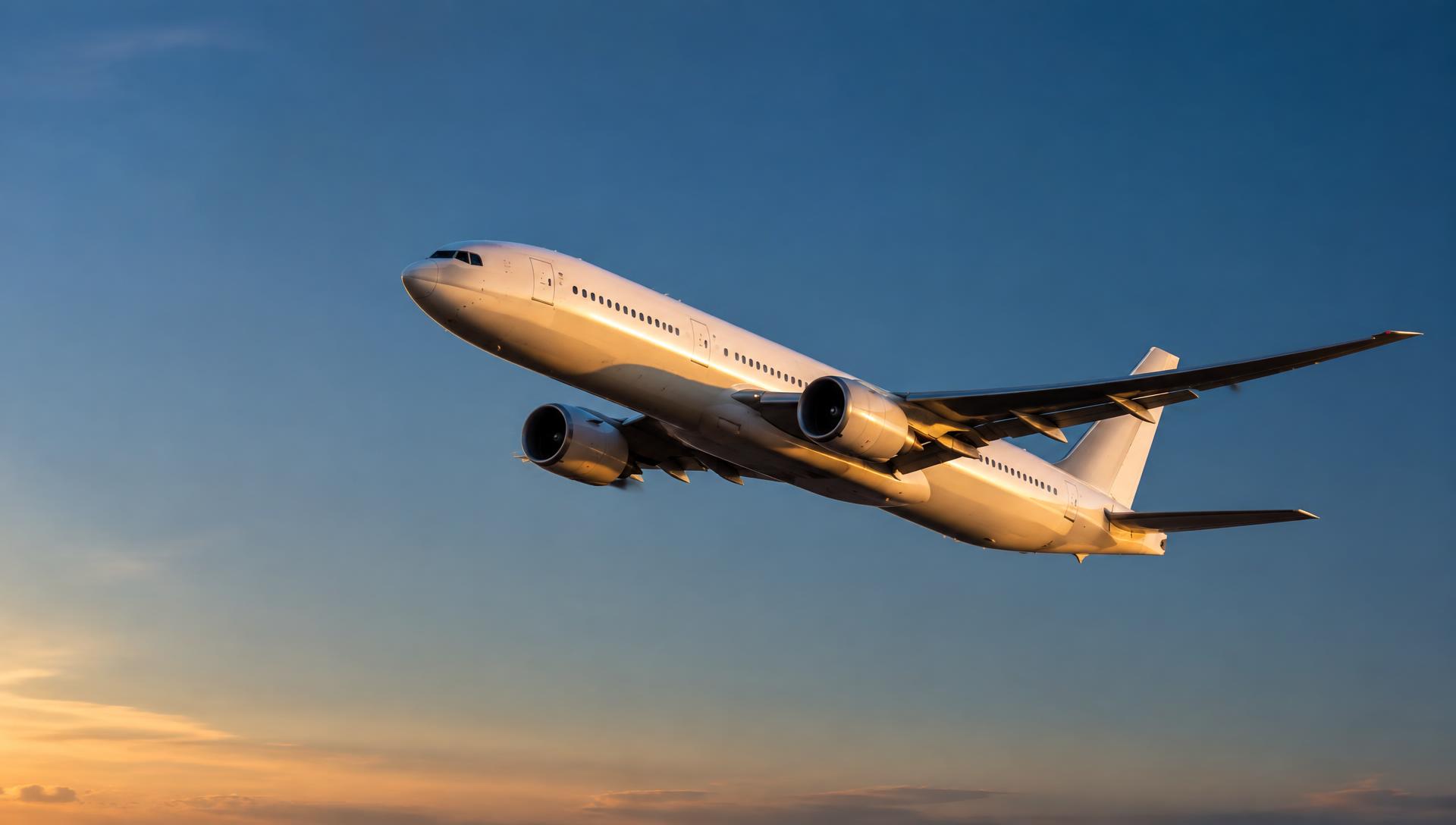 Boeing 777 widebody airliner climbing at dusk